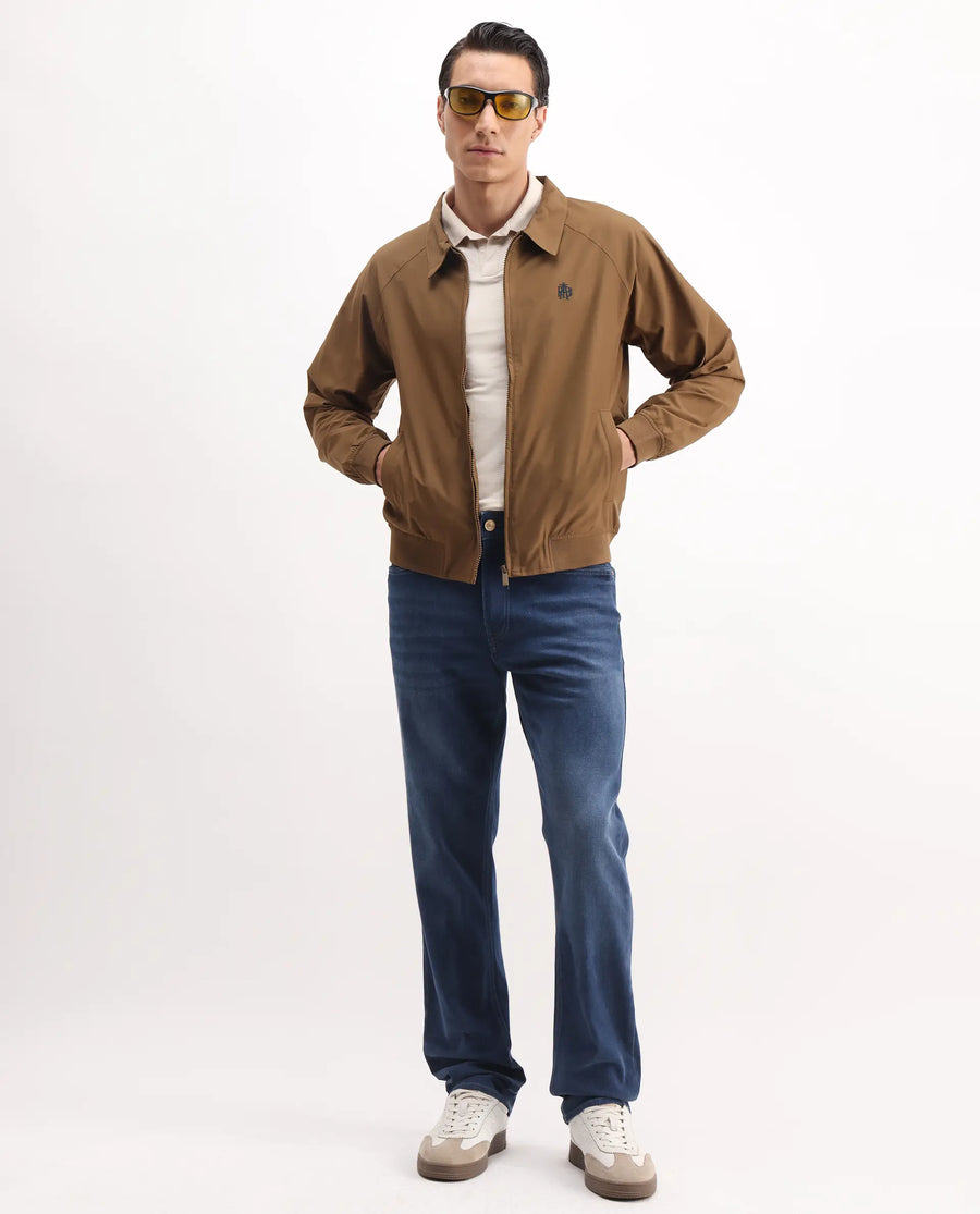 Rare Rabbit Men's Clayon Brown Polyester Embroidered Regular Fit Full Sleeve Spread Collar Jacket