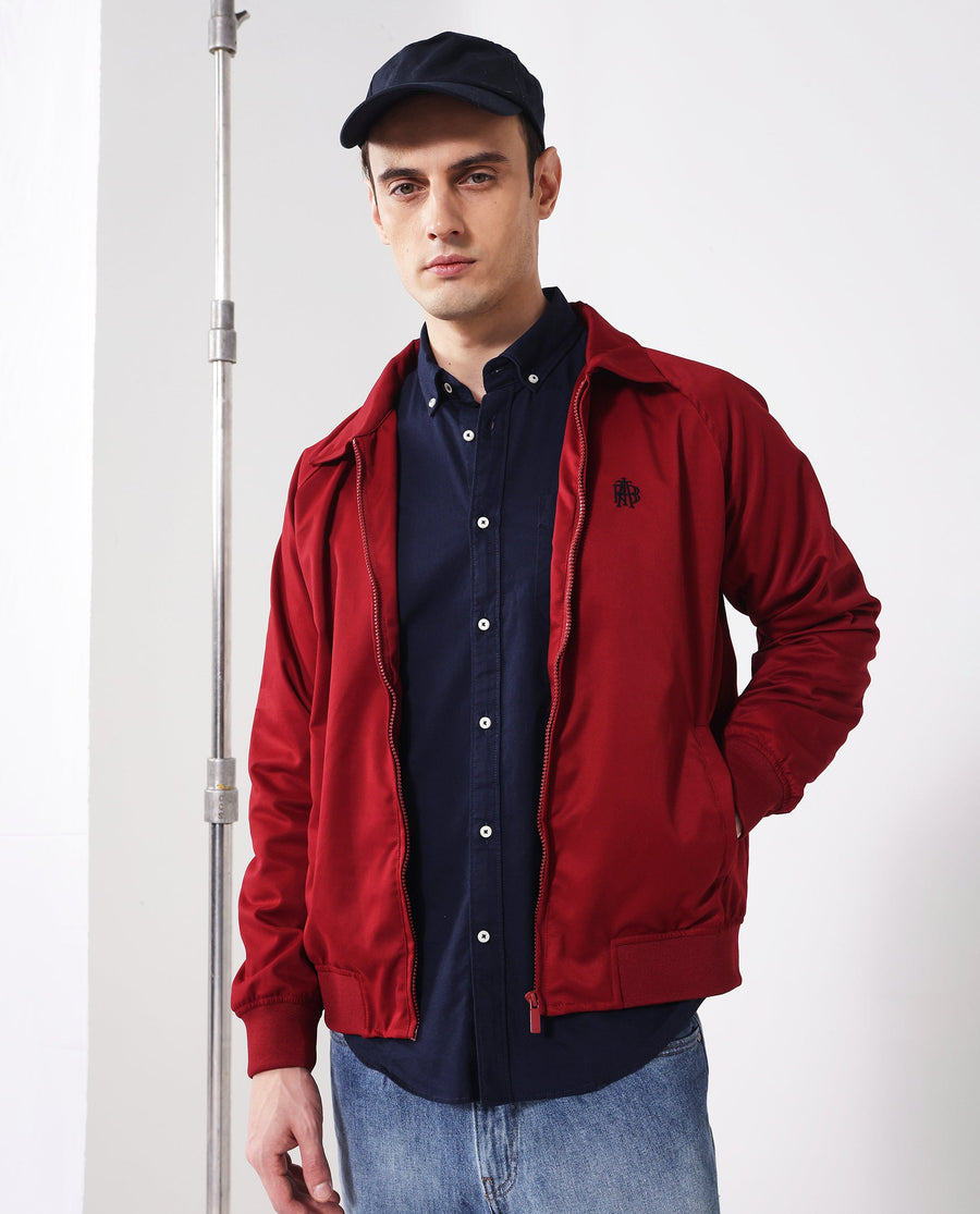 Rare Rabbit Men's Clayon Red Polyester Embroidered Regular Fit Full Sleeve Spread Collar Jacket