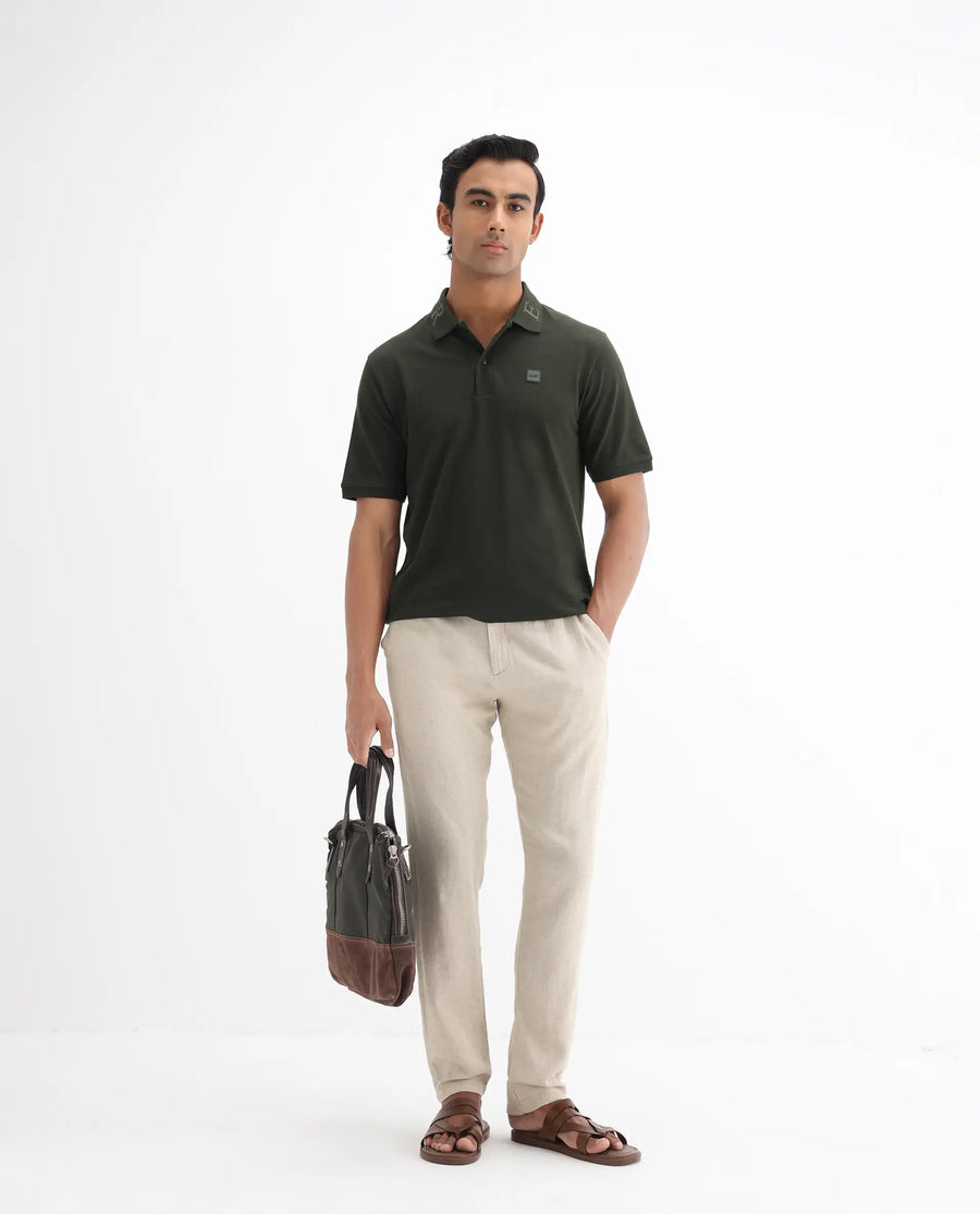 Rare Rabbit Men's Clif Dark Olive Cotton Plain Regular Fit Half Sleeve Polo