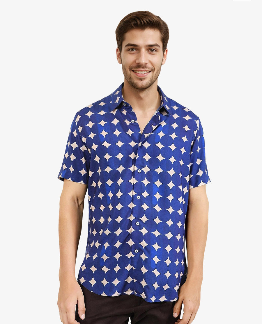 Rare Rabbit Men's Clinton Blue Viscose Geometric Print Regular Fit Half Sleeve Collared Shirt
