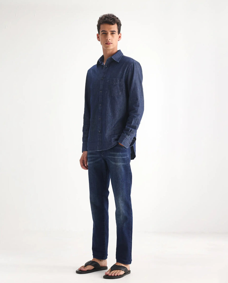 Rare Rabbit Men's Clio Dark Blue Cotton Blend Plain Relaxed Fit Jeans