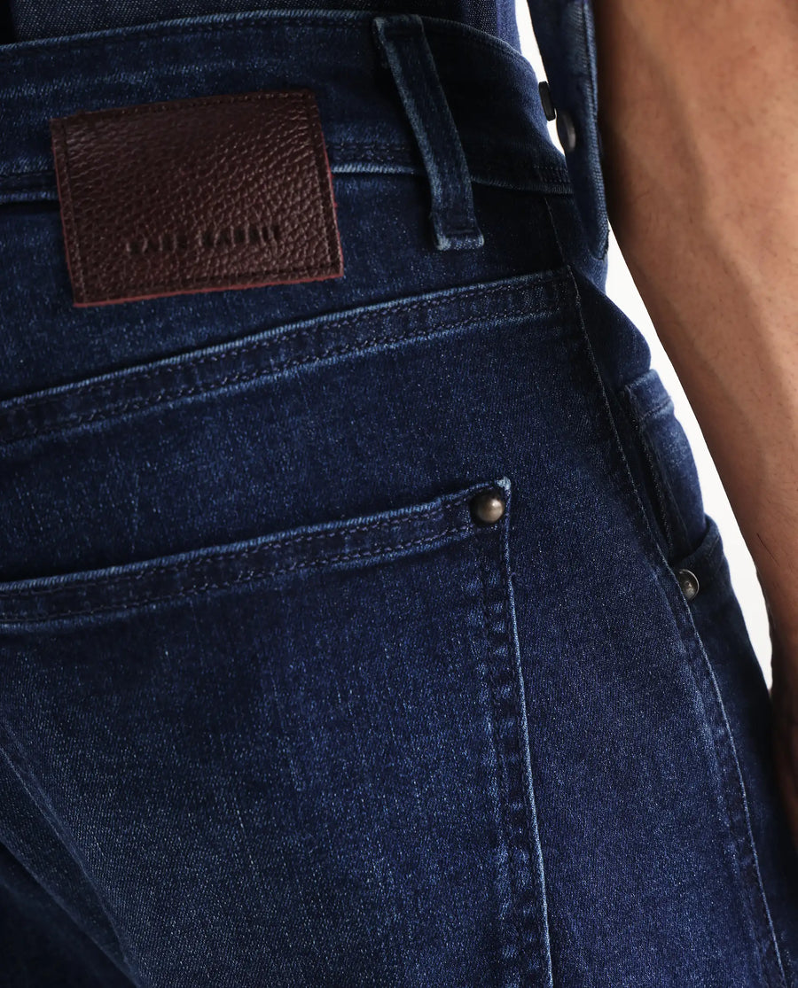 Rare Rabbit Men's Clio Dark Blue Cotton Blend Plain Relaxed Fit Jeans