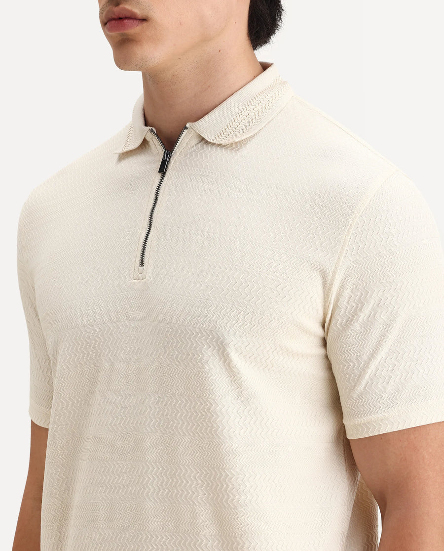 Rare Rabbit Men's Clion Beige Cotton Blend Jacquard Regular Fit Half Sleeve Polo