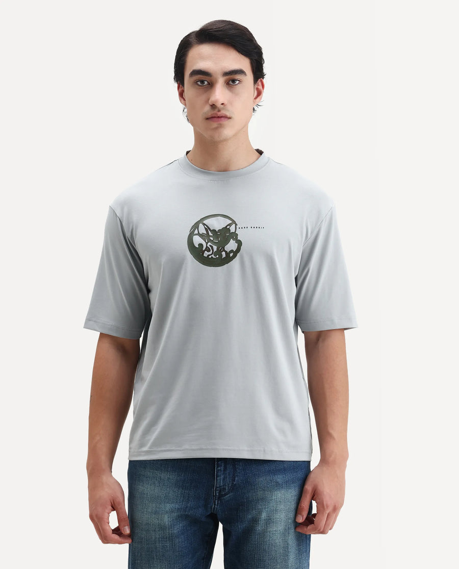 Rare Rabbit Men's Clod Light Grey Cotton Graphic Print Qlo Fit Half Sleeve Crew Neck T-Shirt
