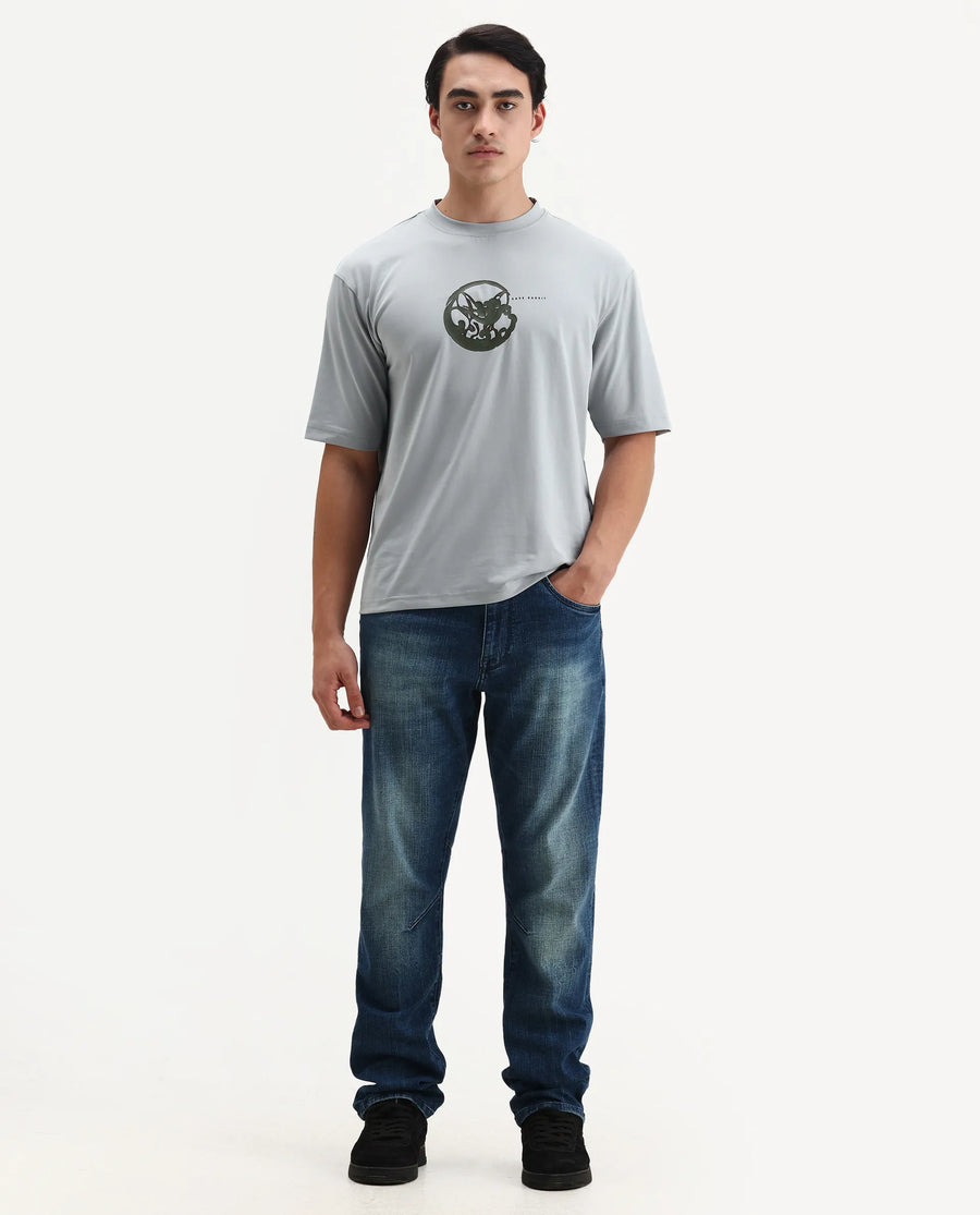 Rare Rabbit Men's Clod Light Grey Cotton Graphic Print Qlo Fit Half Sleeve Crew Neck T-Shirt