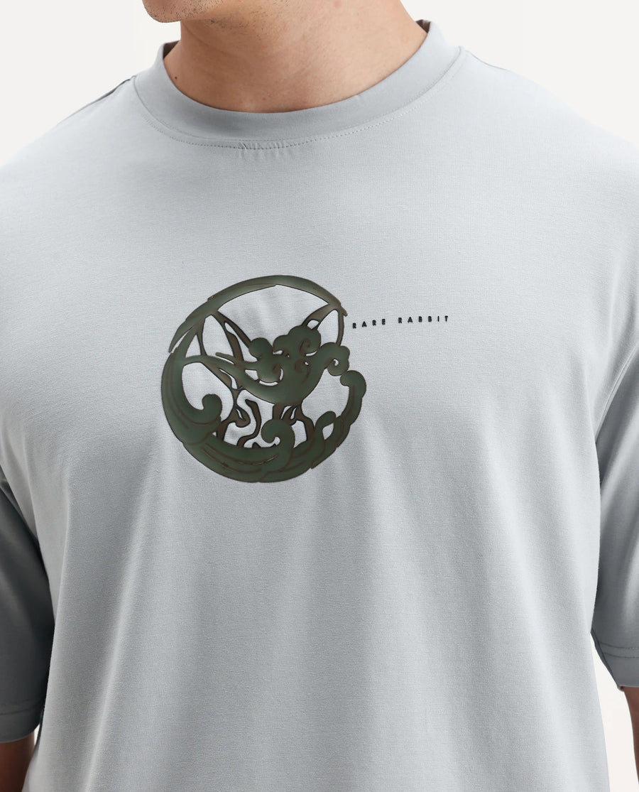 Rare Rabbit Men's Clod Light Grey Cotton Graphic Print Qlo Fit Half Sleeve Crew Neck T-Shirt