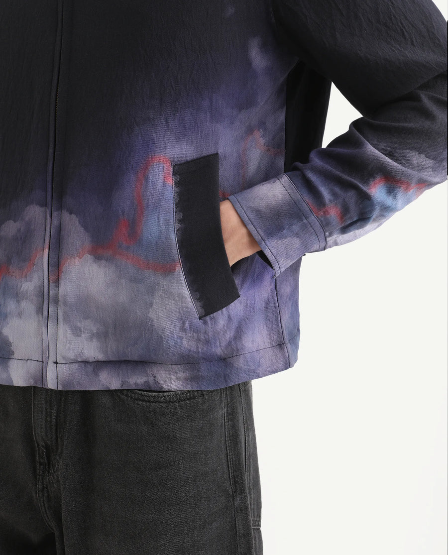 Rare Rabbit Men's Cloudy Navy Viscose Blend Fabric Spread Collar Regular Fit Ombre Print Jacket