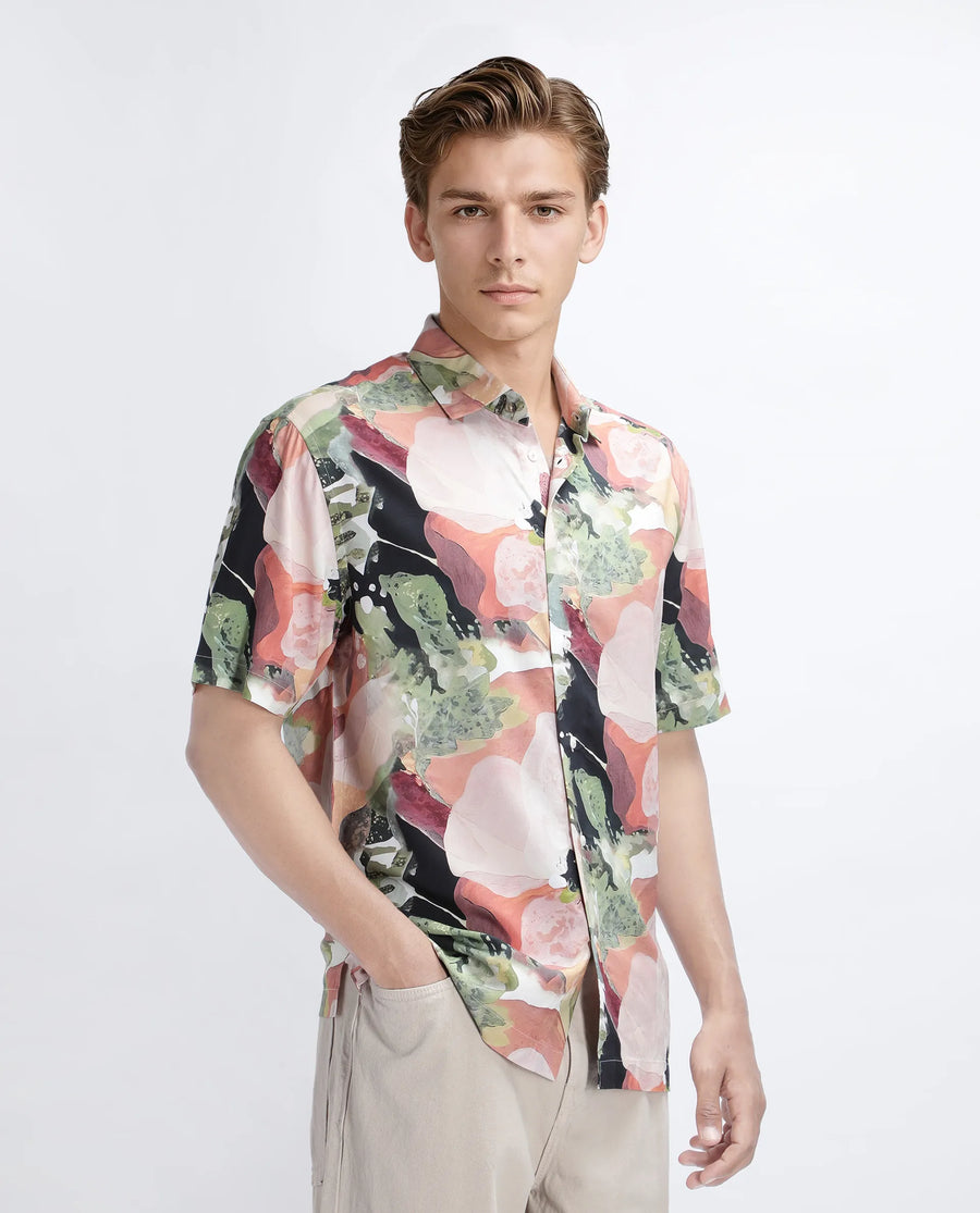 Rare Rabbit Men's Clow Pastel Peach Viscose Abstract Print Regular Fit Half Sleeve Collared Shirt