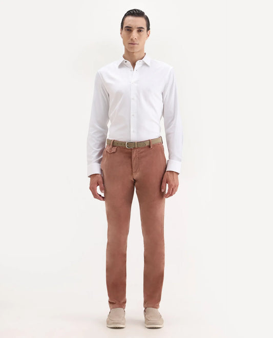 Rare Rabbit Men's Cloy Pink Velvet Plain Regular Fit Trouser