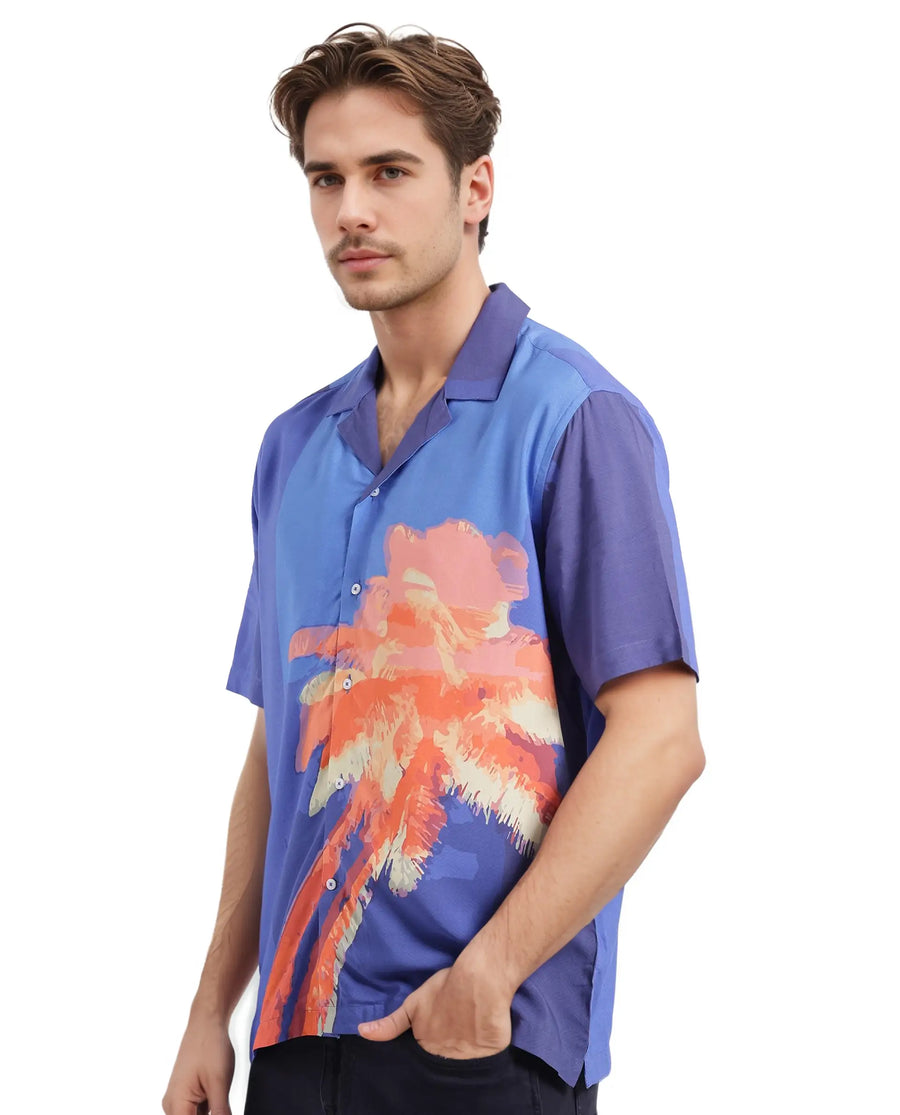 Rare Rabbit Men's Coca Dark Navy Cotton Tropical Print Boxy Fit Half Sleeve Cuban Collar Shirt