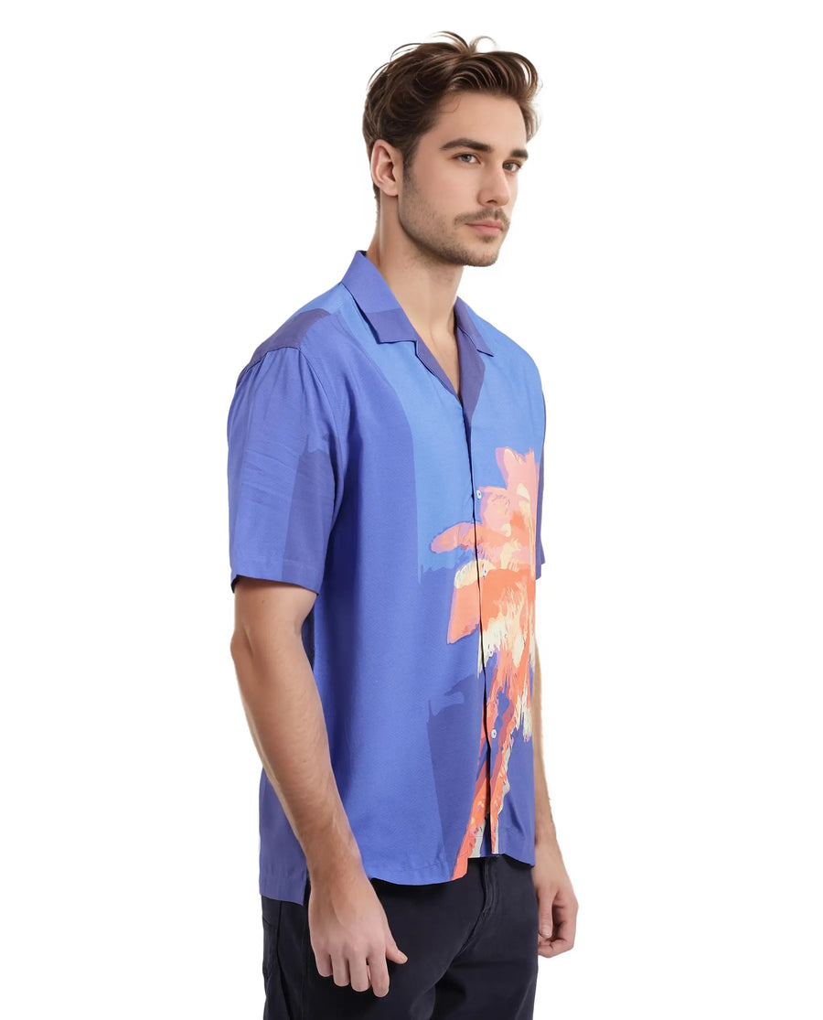 Rare Rabbit Men's Coca Dark Navy Cotton Tropical Print Boxy Fit Half Sleeve Cuban Collar Shirt
