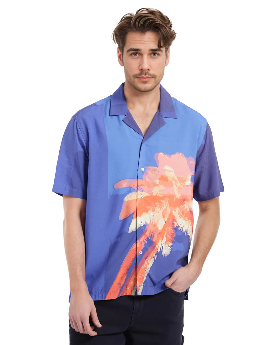 Rare Rabbit Men's Coca Dark Navy Cotton Tropical Print Boxy Fit Half Sleeve Cuban Collar Shirt
