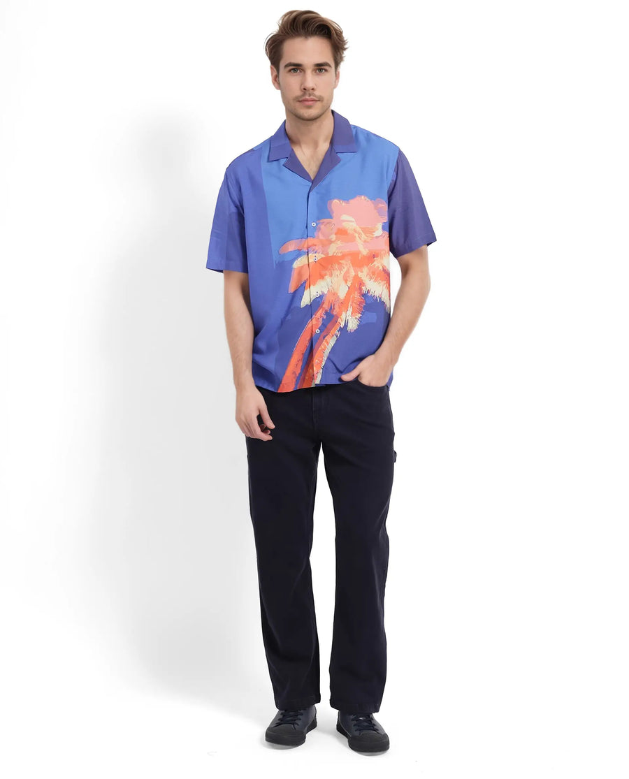 Rare Rabbit Men's Coca Dark Navy Cotton Tropical Print Boxy Fit Half Sleeve Cuban Collar Shirt