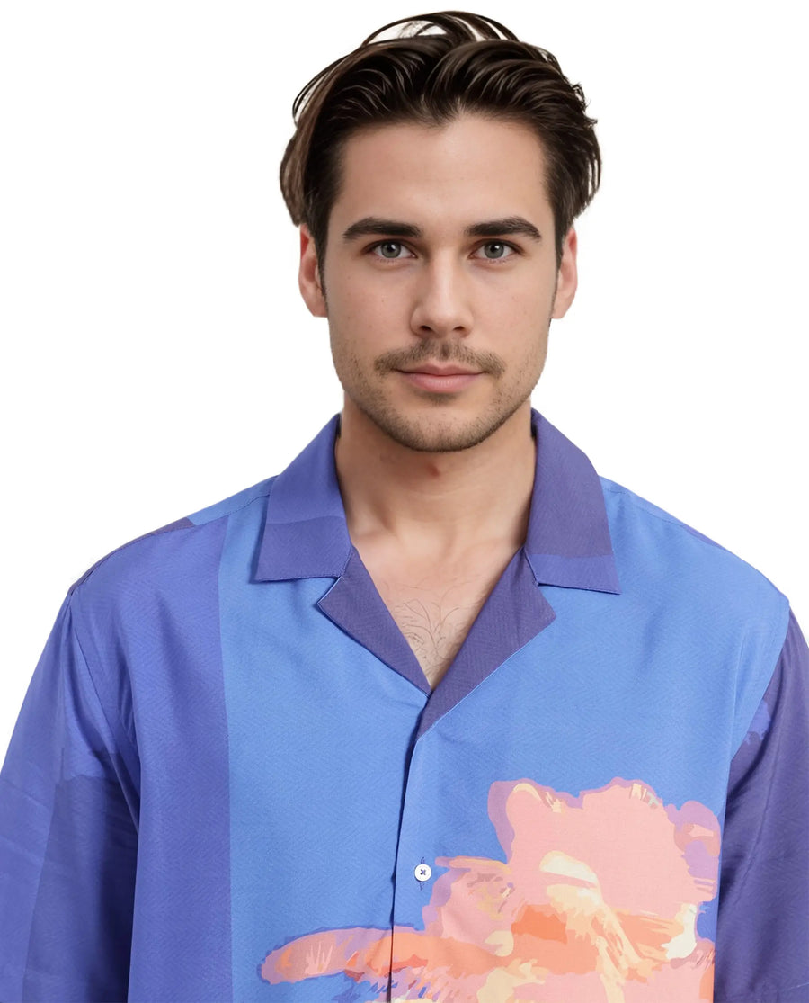 Rare Rabbit Men's Coca Dark Navy Cotton Tropical Print Boxy Fit Half Sleeve Cuban Collar Shirt