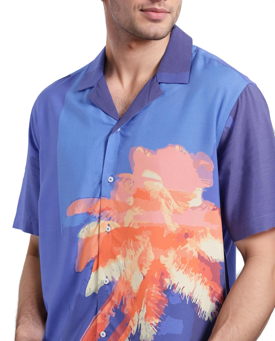 Rare Rabbit Men's Coca Dark Navy Cotton Tropical Print Boxy Fit Half Sleeve Cuban Collar Shirt
