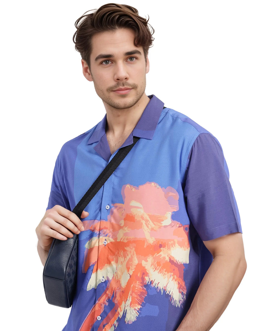 Rare Rabbit Men's Coca Dark Navy Cotton Tropical Print Boxy Fit Half Sleeve Cuban Collar Shirt