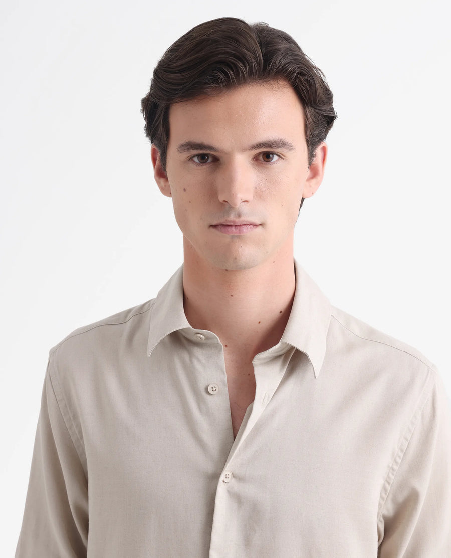 Rare Rabbit Men's Coft Beige Linen Blend Plain Boxy Fit Full Sleeve Collared Shirt
