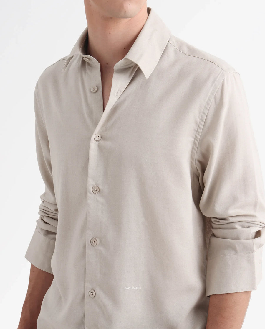 Rare Rabbit Men's Coft Beige Linen Blend Plain Boxy Fit Full Sleeve Collared Shirt