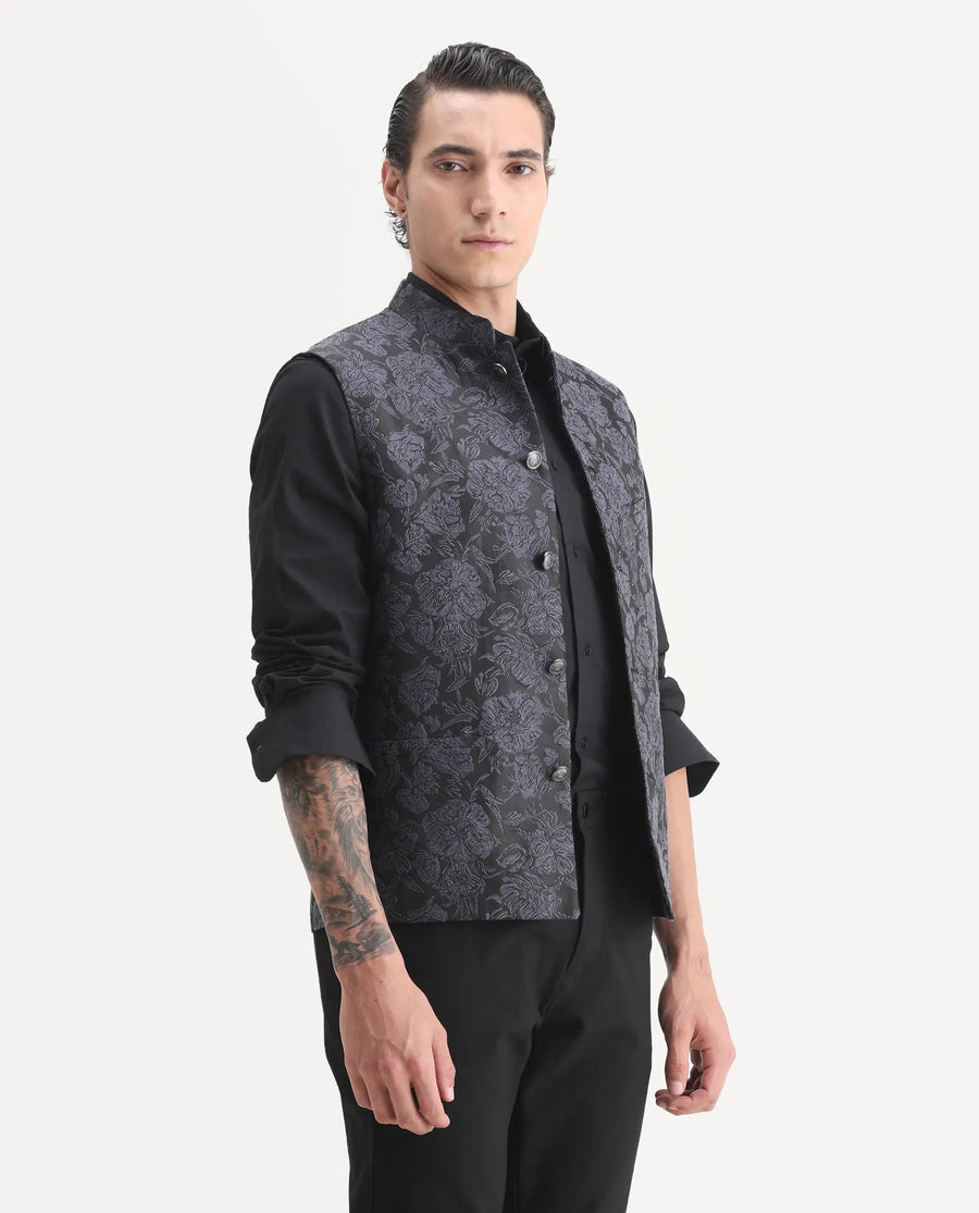 Rare Rabbit Men's Colac Dark Navy Polyester Jacquard Tailored Fit Sleeveless Mandarin Collar Bandhgala