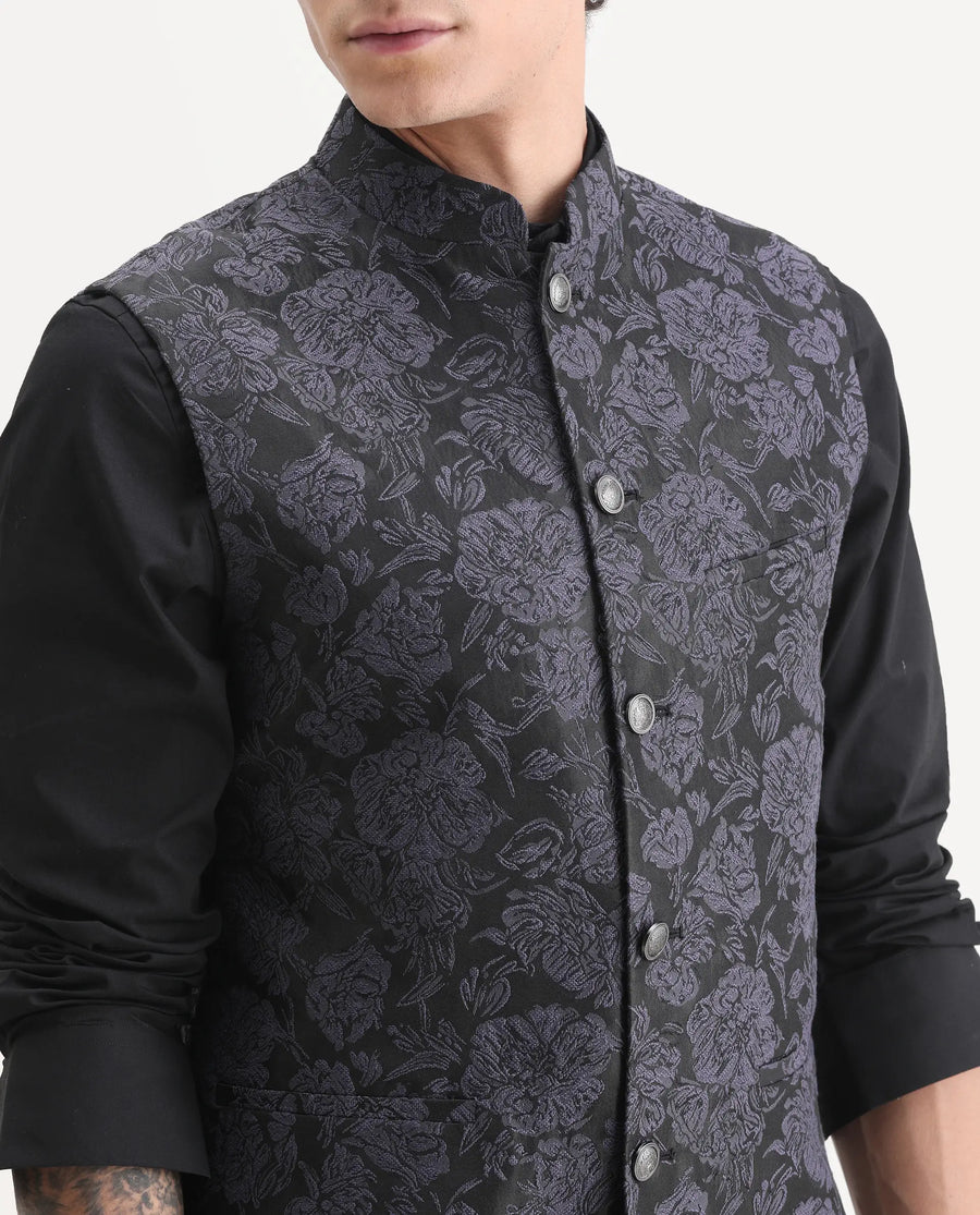 Rare Rabbit Men's Colac Dark Navy Polyester Jacquard Tailored Fit Sleeveless Mandarin Collar Bandhgala