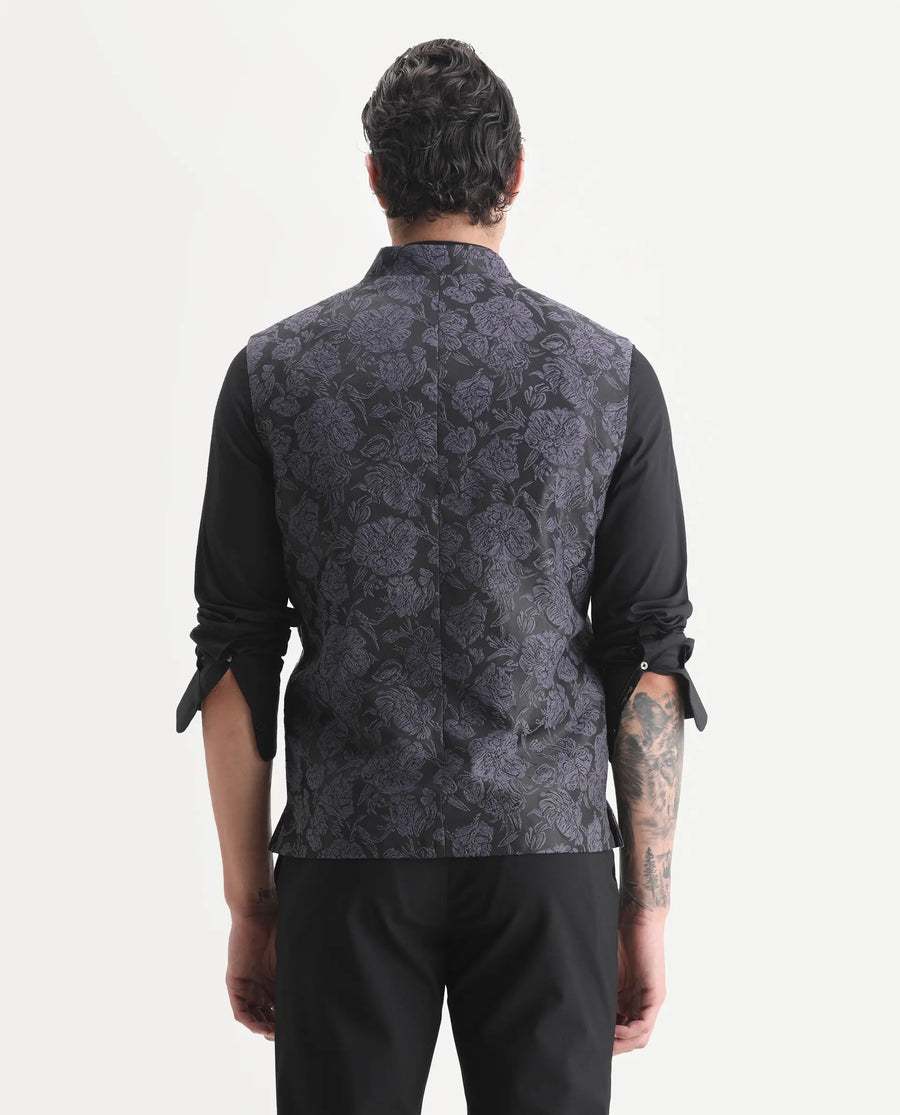 Rare Rabbit Men's Colac Dark Navy Polyester Jacquard Tailored Fit Sleeveless Mandarin Collar Bandhgala