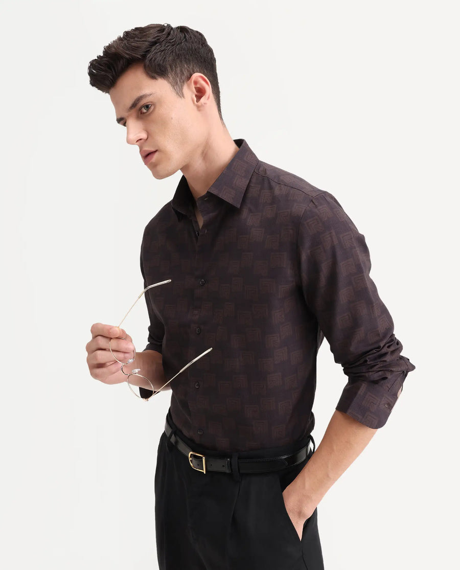 Rare Rabbit Men's Calor Dark Red Cotton Blend Fabric Spread Collar Regular Fit Monogram Print Shirt