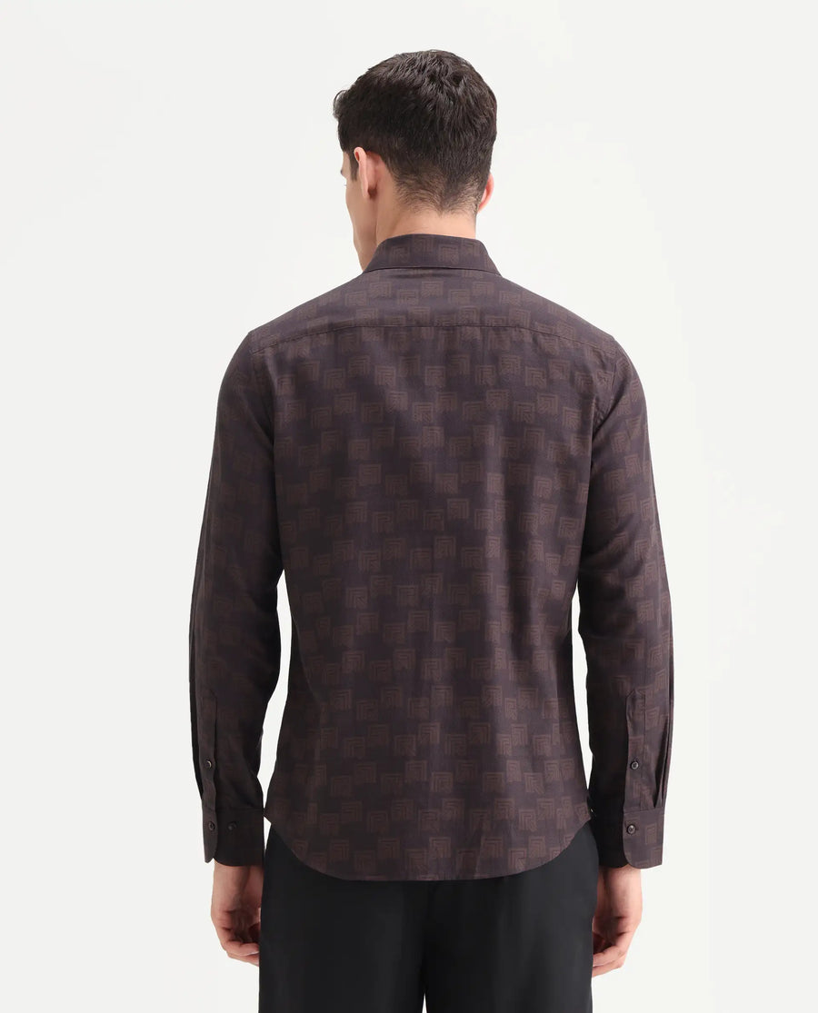 Rare Rabbit Men's Calor Dark Red Cotton Blend Fabric Spread Collar Regular Fit Monogram Print Shirt