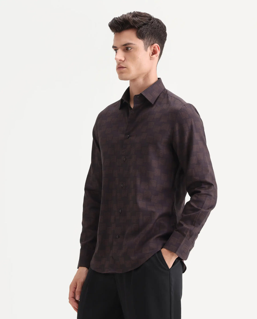 Rare Rabbit Men's Calor Dark Red Cotton Blend Fabric Spread Collar Regular Fit Monogram Print Shirt