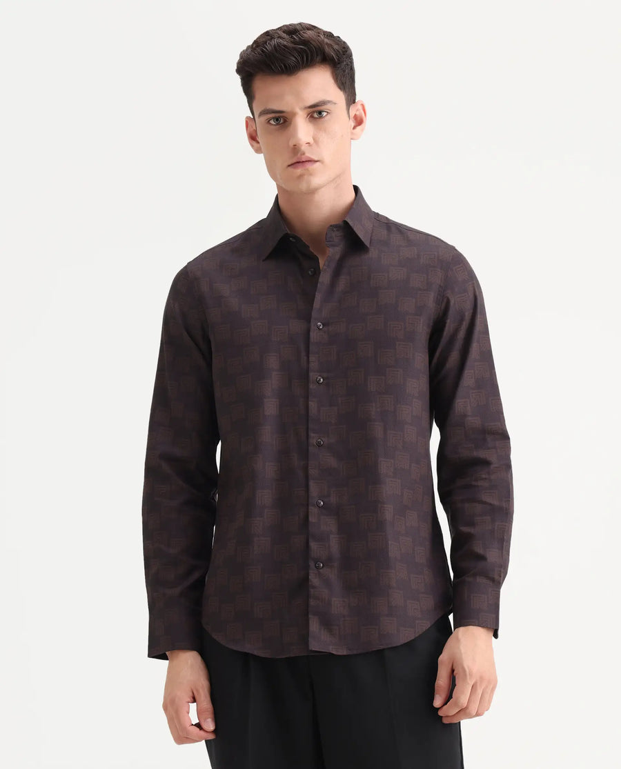Rare Rabbit Men's Calor Dark Red Cotton Blend Fabric Spread Collar Regular Fit Monogram Print Shirt