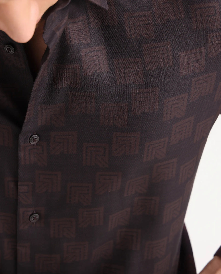 Rare Rabbit Men's Calor Dark Red Cotton Blend Fabric Spread Collar Regular Fit Monogram Print Shirt