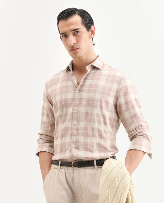 Rare Rabbit Men's Colint Dusky Pink Linen Blend Fabric Full Sleeve Spread Collar Regular Fit Checked Shirt