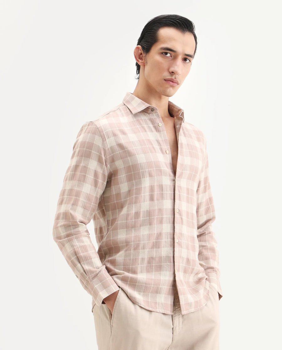 Rare Rabbit Men's Colint Dusky Pink Linen Blend Fabric Full Sleeve Spread Collar Regular Fit Checked Shirt