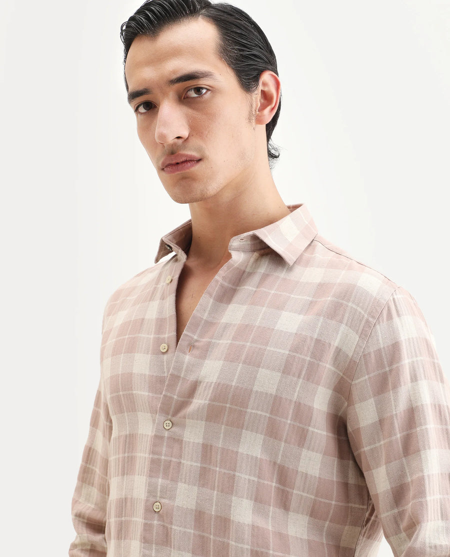 Rare Rabbit Men's Colint Dusky Pink Linen Blend Fabric Full Sleeve Spread Collar Regular Fit Checked Shirt
