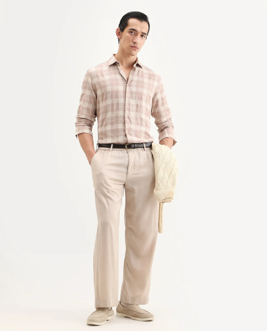 Rare Rabbit Men's Colint Dusky Pink Linen Blend Fabric Full Sleeve Spread Collar Regular Fit Checked Shirt