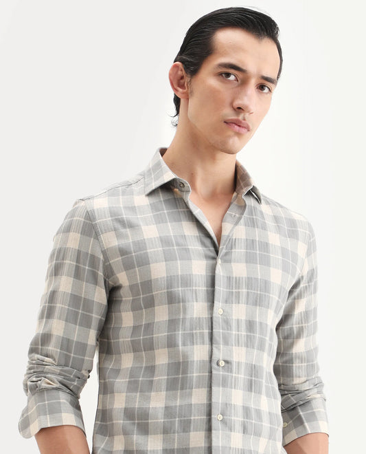 Rare Rabbit Men's Colint Grey Linen Blend Fabric Full Sleeve Spread Collar Regular Fit Checked Shirt