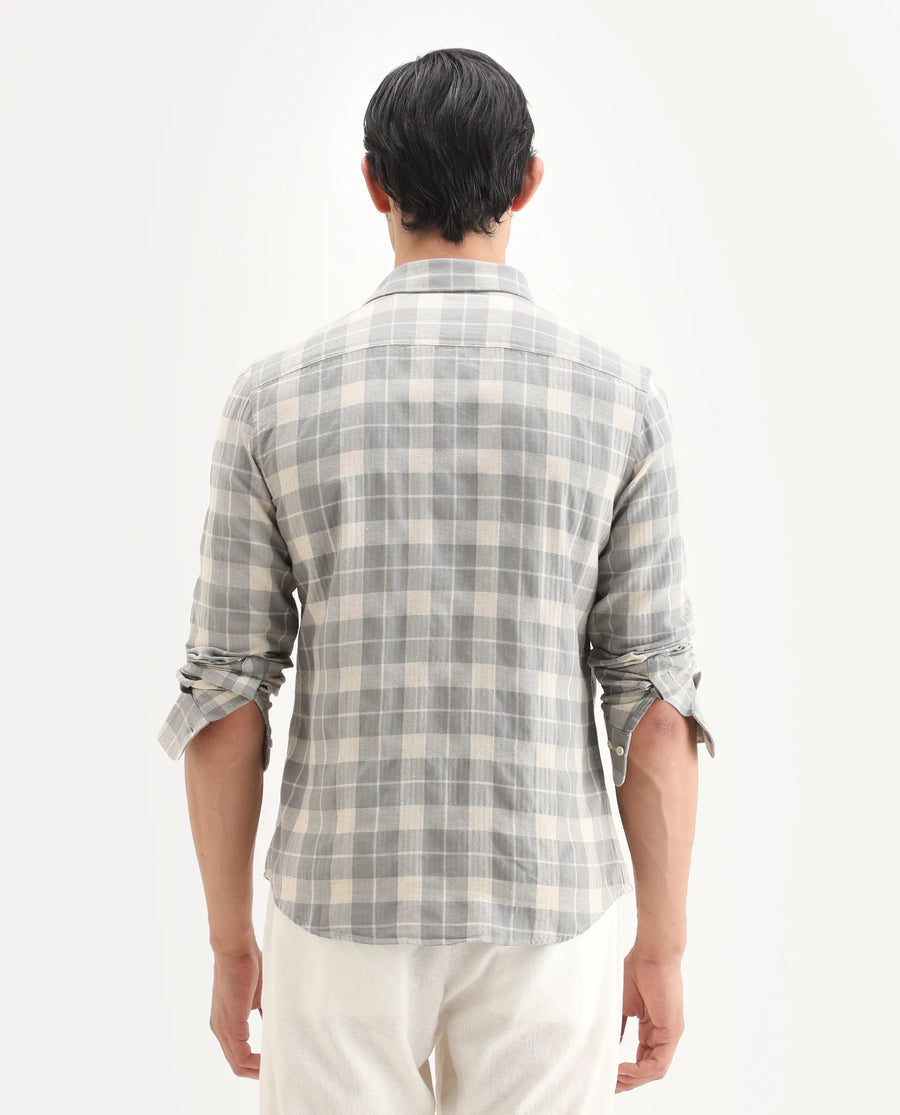 Rare Rabbit Men's Colint Grey Linen Blend Fabric Full Sleeve Spread Collar Regular Fit Checked Shirt