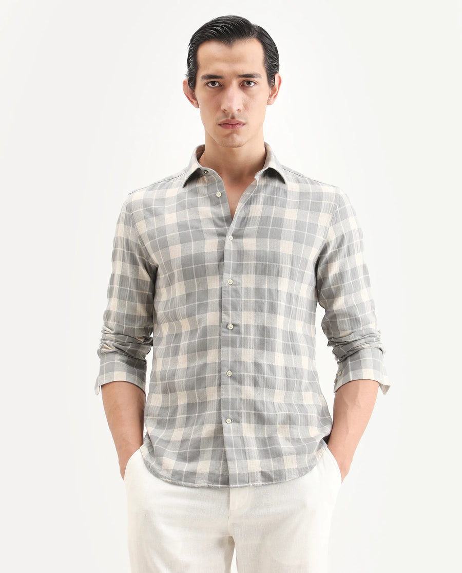 Rare Rabbit Men's Colint Grey Linen Blend Fabric Full Sleeve Spread Collar Regular Fit Checked Shirt