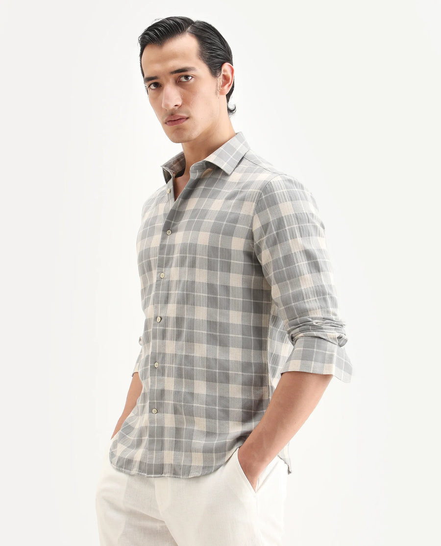 Rare Rabbit Men's Colint Grey Linen Blend Fabric Full Sleeve Spread Collar Regular Fit Checked Shirt