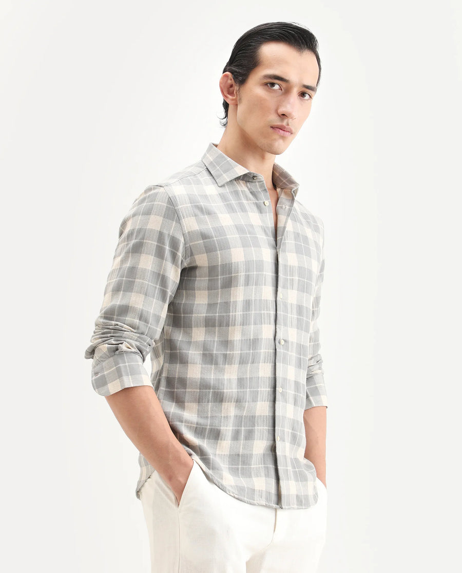 Rare Rabbit Men's Colint Grey Linen Blend Fabric Full Sleeve Spread Collar Regular Fit Checked Shirt