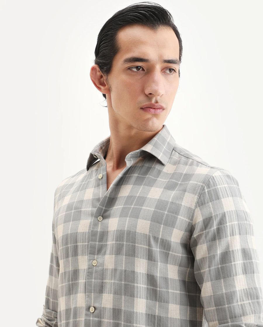 Rare Rabbit Men's Colint Grey Linen Blend Fabric Full Sleeve Spread Collar Regular Fit Checked Shirt