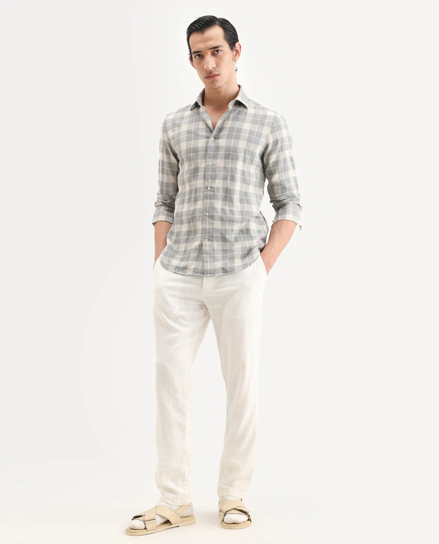 Rare Rabbit Men's Colint Grey Linen Blend Fabric Full Sleeve Spread Collar Regular Fit Checked Shirt