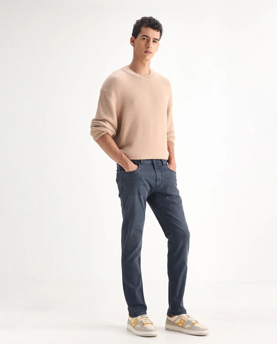 Rare Rabbit Men's Colmer Dusky Blue Cotton Plain Hawk Slim Fit Jeans