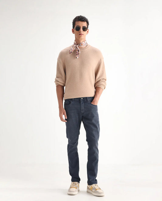 Rare Rabbit Men's Colmer Dusky Blue Cotton Plain Hawk Slim Fit Jeans