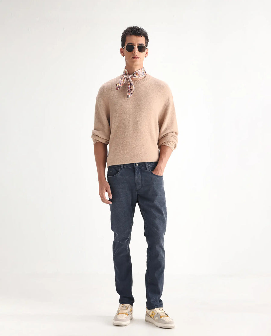 Rare Rabbit Men's Colmer Dusky Blue Cotton Plain Hawk Slim Fit Jeans