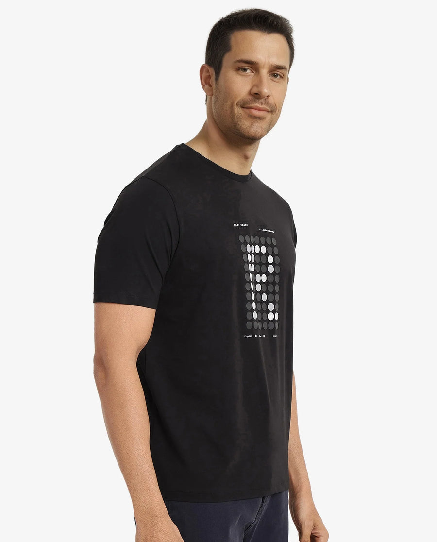 Rare Rabbit Men's Colos Black Cotton Graphic Print Regular Fit Half Sleeve Crew Neck T-Shirt