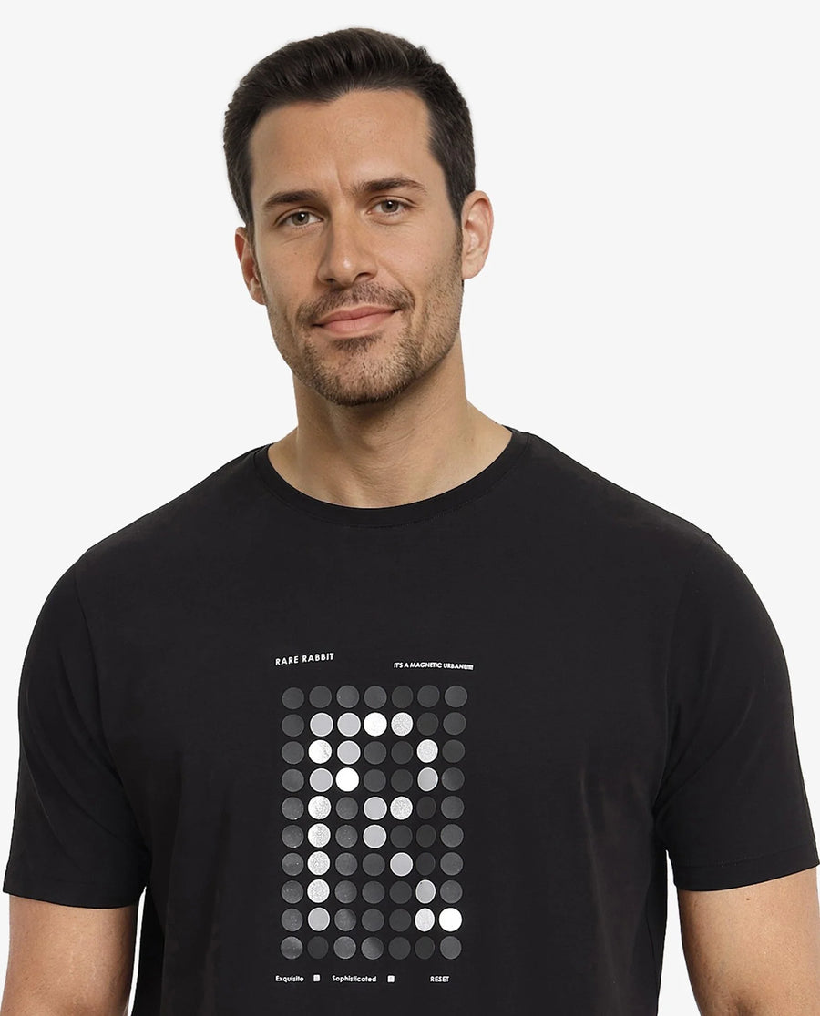 Rare Rabbit Men's Colos Black Cotton Graphic Print Regular Fit Half Sleeve Crew Neck T-Shirt