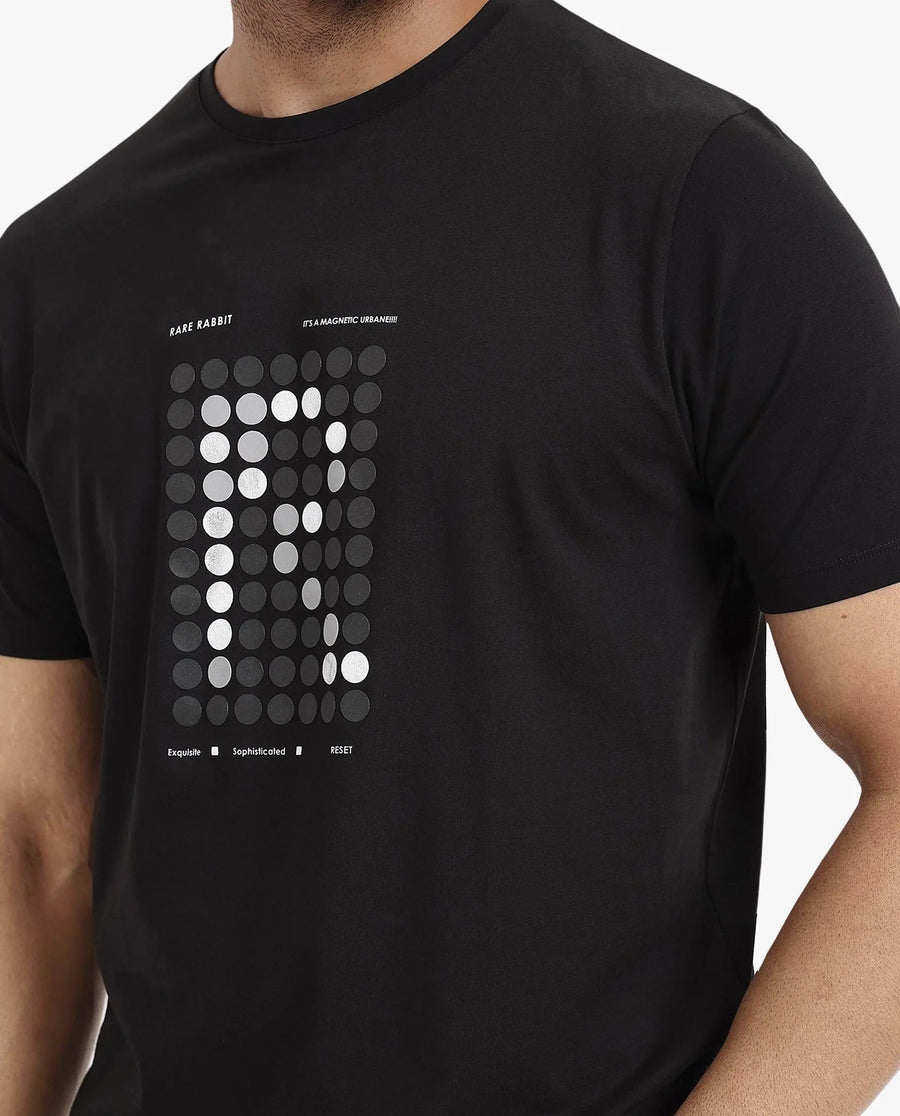 Rare Rabbit Men's Colos Black Cotton Graphic Print Regular Fit Half Sleeve Crew Neck T-Shirt