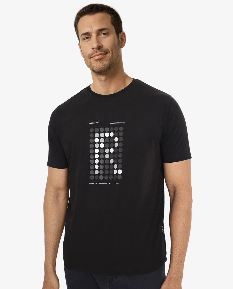 Rare Rabbit Men's Colos Black Cotton Graphic Print Regular Fit Half Sleeve Crew Neck T-Shirt