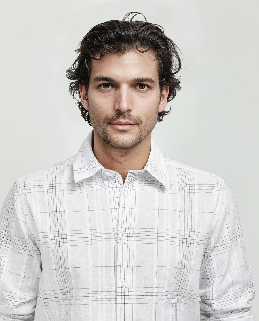 Rare Rabbit Men's Cols White Cotton Checked Print Relaxed Fit Full Sleeve Collared Shirt