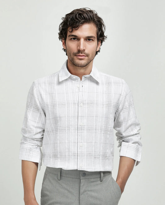 Rare Rabbit Men's Cols White Cotton Checked Print Relaxed Fit Full Sleeve Collared Shirt